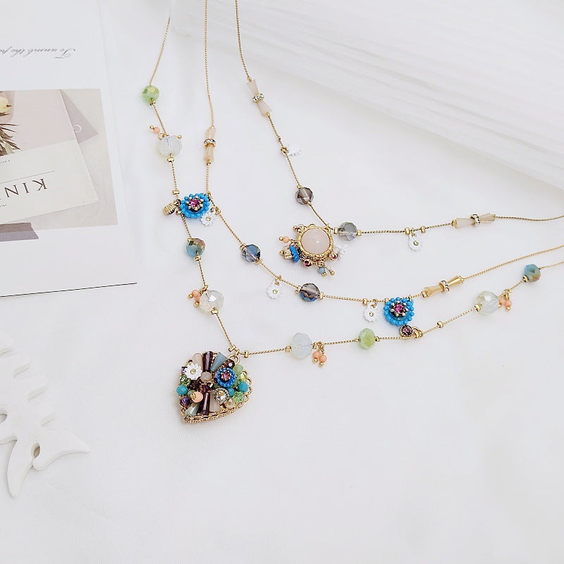 Collana Multistrato Romantica Geometrica Fiore Piccolo Diamanti Vintage