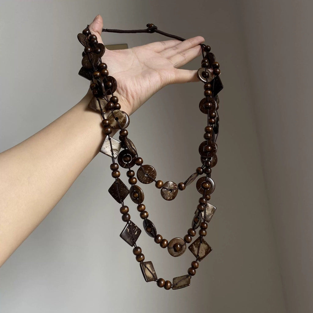 Collana Multistrato In Guscio Di Cocco Marrone Stile Cinese Retr• Bohemien